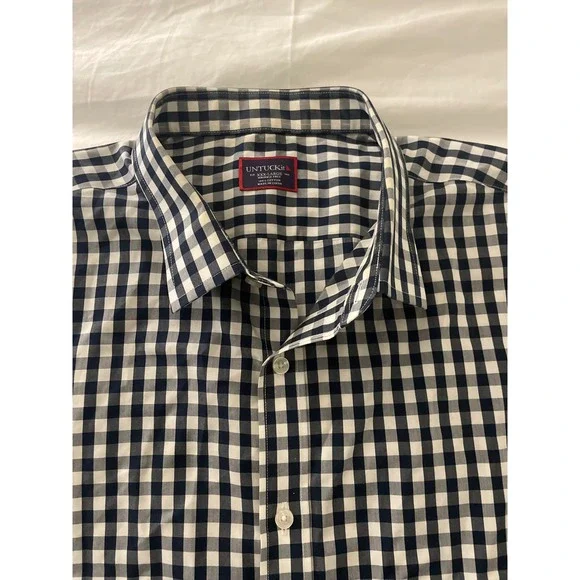 UNTUCKit Wrinkle‎ Free Navy White Gingham Check L/S Button Shirt XXX Large - Picture 2 of 7